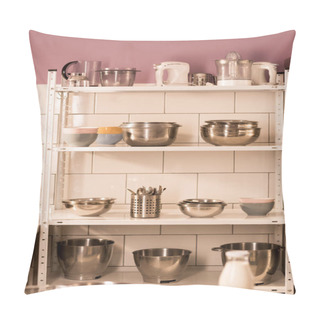 Personality  Close Up View Of Various Kitchen Supplies On Shelves In Restaurant Kitchen Pillow Covers