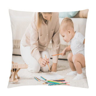 Personality  Happy Mother And Adorable Toddler Drawing Together In Nursery Room Pillow Covers