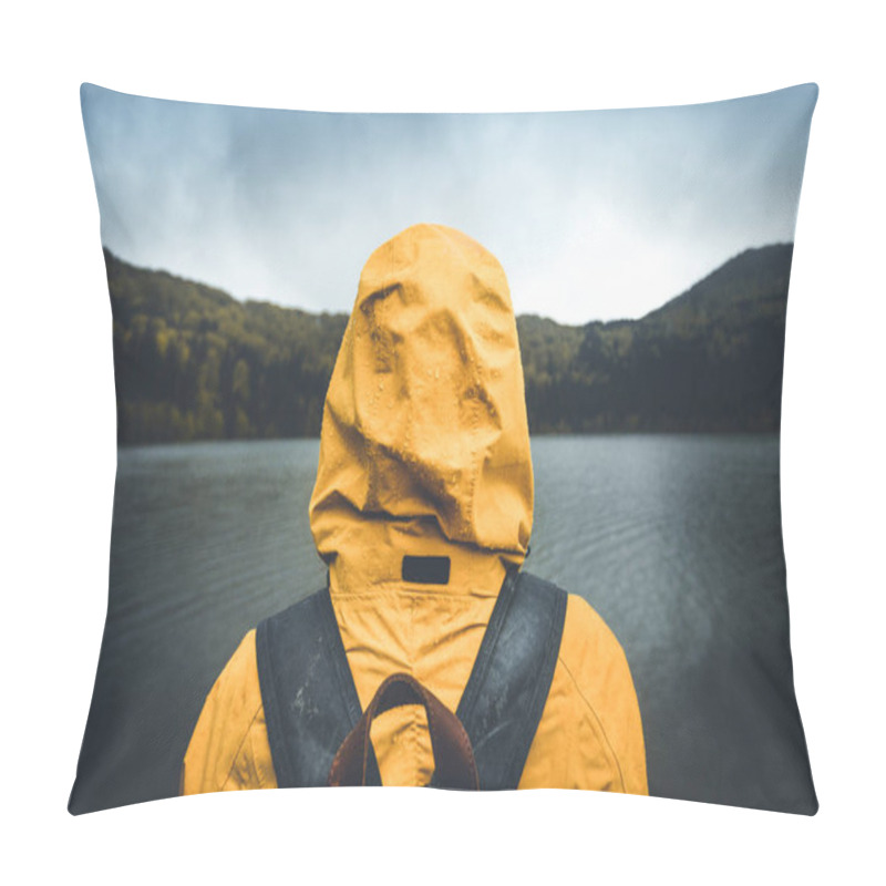Personality  Active Outdoors People Lifestyle. Rear View Of A Hiker Enjoying Rainy Weather. Outdoors Adventure Trek Activity, Hiker Wearing Yellow Waterproof Raincoat Sportswear Clothes Pillow Covers