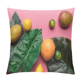 Personality  Top View Of Whole Ripe Tropical Citrus Fruits And Mango With Green Leaves On Pink Background Pillow Covers