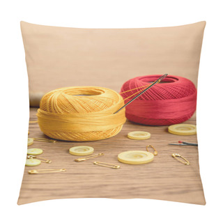 Personality  Cotton Knitting Yarn Balls With Clothing Buttons And Safety Pins On Wooden Table Pillow Covers