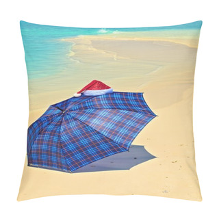 Personality  Blue Umbrella Is On A Beach With Santa Hat Pillow Covers