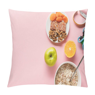 Personality  Top View Of Fresh Diet Food, Measuring Tape, Skipping Rope On Pink Background With Copy Space Pillow Covers