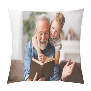 Personality  Happy Family Elderly  Man And Little Boy Smiling R While Sitting On Couch And Reading Fascinating Fairy Tale Together At Hom Pillow Covers