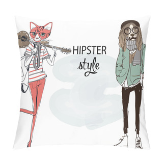 Personality  Dog And Cat Hipsters Characters Pillow Covers