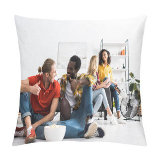 Personality  Selective Focus Of Two Smiling Multicultural Men Sitting On Floor And Talking With Bowl Of Popcorn Pillow Covers