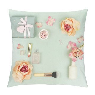Personality  Valentine's Day Concept Background. Makeup Cosmetic Accessories, Pearl Make Up Powder And Brush, Flowers On Pale Grey Background. Flat Lay. Top View. Copy Space Pillow Covers