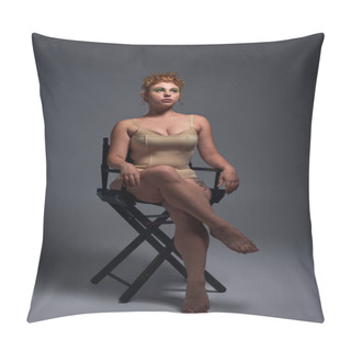 Personality  Full Length Of Redhead Plus Size Woman In Beige Underwear Sitting On Chair And Looking Away On Grey Pillow Covers