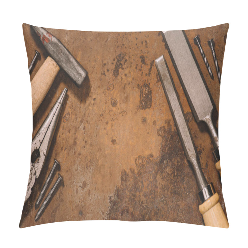 Personality  Flat Lay With Old Shabby Mechanical Tools On Brown Surface Pillow Covers