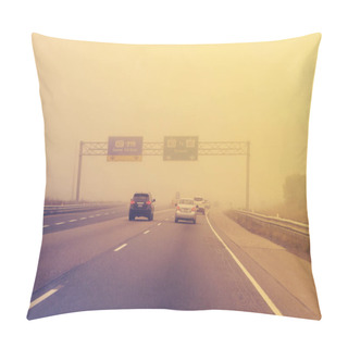 Personality  Traffic On Highway In Fog Mist Smog. Cars On Freeway Road At Evening In American City Country. Poor Visibility In Bad Weather Conditions. Toned With Vintage Film Hipster Filters. Pillow Covers