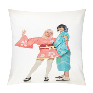 Personality  Young Woman In Kimono Waving Hand Near Anime Style Man In Wig On White, Asian Subculture Fashion Pillow Covers