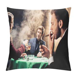 Personality  Selective Focus Of Handsome Man Smoking While Playing Poker On Black With Smoke  Pillow Covers