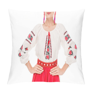 Personality  Cropped View Of Young Woman In National Ukrainian Costume Standing With Hands On Hips Isolated On White Pillow Covers