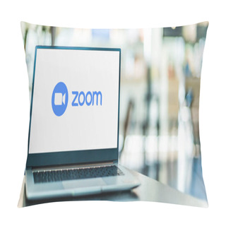 Personality  POZNAN, POL - SEP 23, 2020: Laptop Computer Displaying Logo Of Zoom, Videotelephony And Online Chat Services Through A Cloud-based Peer-to-peer Software Platform Pillow Covers