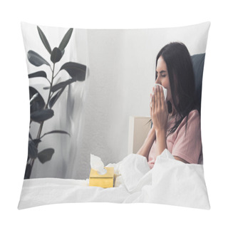 Personality  Sick Young Woman With Box Of Paper Napkins Sitting In Bed Pillow Covers