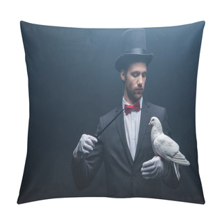 Personality  Young Magician In Hat Showing Trick With Dove And Wand In Dark Room With Smoke  Pillow Covers
