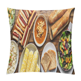 Personality  Table Top Meal With Hot Dogs, Grilled Cheese, Soup And Salad In Flat Lay Composition Pillow Covers