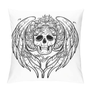 Personality  Skull In Wreath With Wings. Black And White. Isolated Pillow Covers