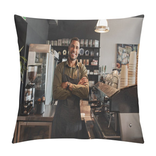 Personality  Portrait Of A Smiling Confident Young Waiter Standing At The Cafe Counter Pillow Covers