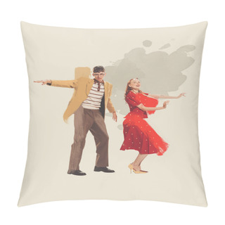Personality  Contemporary Art Collage. Stylish Young Couple, Man And Woman Dancing. 60s Fashion Style. Pastel Art . Concept Of Creativity, Retro Style, Music Lifestyle, Design. Copy Space For Ad, Poster Pillow Covers