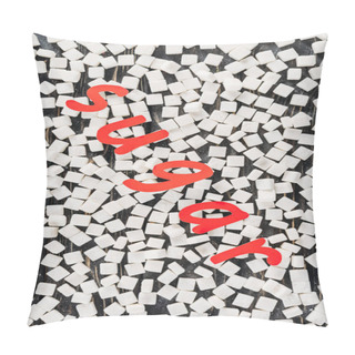 Personality  Top View Of Red Paper Cut Word Sugar And White Sugar Cubes On Black Surface Pillow Covers
