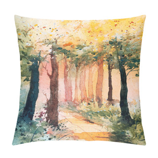 Personality  Forest Watercolour Image With A Road Inside The Frame And Green Trees On The Both Sides Of The Road. Pillow Covers