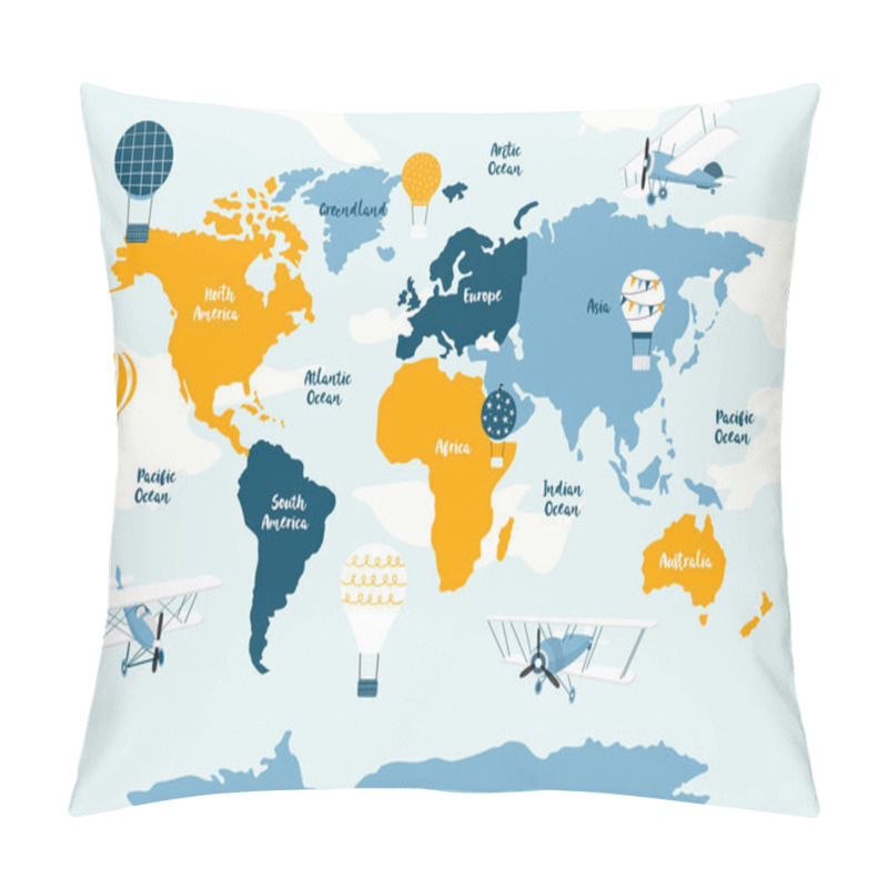 Personality  Vector world map for kids with cute cartoon planes and air balloons. Childrens map design for wallpaper, kids room, wall art. America, Europa, Asia, Africa, Australia, Arctica. Vector illustration. pillow covers