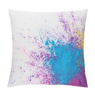 Personality  Top View Of Explosion Of Yellow, Purple And Blue Holi Powder On White Background Pillow Covers