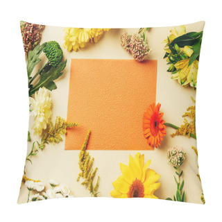 Personality  Flat Lay With Various Wildflowers Around Blank Orange Card On Beige Background Pillow Covers