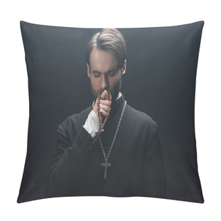 Personality  Thoughtful Catholic Priest Kissing Silver Cross With Closed Eyes Isolated On Black Pillow Covers