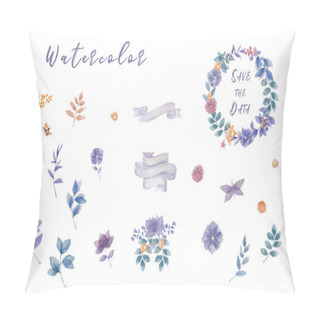 Personality  Indigo Watercolor Flowers Bouquet, Ready Frames Floral Set Painting Leafs Design Flowers For Wedding, Celebration, Party On White Background. Pillow Covers