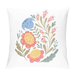 Personality  Tender Flat Illustration Of Flowers With A Folk Arts On A White Background. Vector Floral Arrangement With Naive Ornaments. Nature Gentle Clipart For Postcards And Stickers Pillow Covers