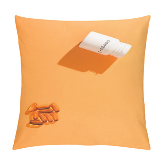 Personality  Top View Of Container With Omega-3 Lettering And Capsules On Orange Background Pillow Covers