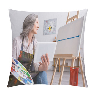 Personality  Pleased Mature Woman Holding Palette And Digital Tablet While Looking At Canvas Pillow Covers