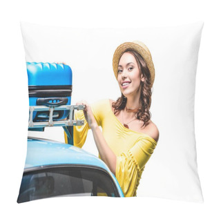 Personality  Woman Putting Luggage On Car Roof Pillow Covers