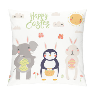 Personality  Hand Drawn Vector Illustration Of A Cute Elephant, Bunny, Penguin, With Eggs And Text Happy Easter.  Scandinavian Style Flat Design. Concept For Kids Print Pillow Covers