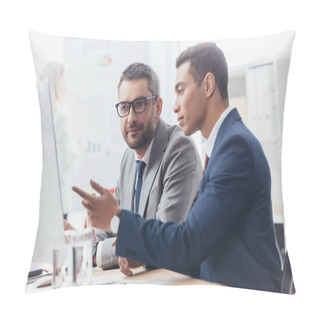 Personality  Two Professional Businessmen Discussing And Using Desktop Computer In Office  Pillow Covers