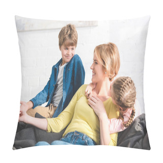 Personality  Happy Mother And Cute Little Children Spending Time Together At Home Pillow Covers
