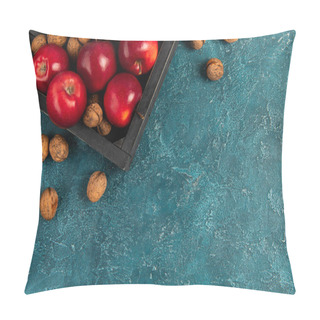 Personality  Black Wooden Tray With Red Apples And Walnuts On Blue Textured Surface, Thanksgiving Setting Pillow Covers