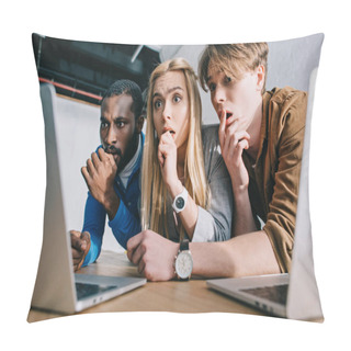 Personality  Scared Multicultural Business Colleagues Watching On Laptop Screen  Pillow Covers