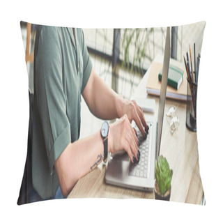 Personality  Cropped View Of Disabled Businesswoman In Casual Attire Sitting In Wheelchair And Working Hard Pillow Covers
