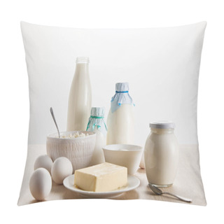 Personality  Various Fresh Organic Dairy Products And Eggs On Wooden Table Isolated On White Pillow Covers