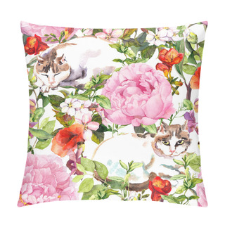 Personality  Cats Sleeping In Meadow Grass And Flowers. Vintage Floral Seamless Pattern For Fashion. Watercolor Pillow Covers