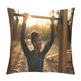 Personality  Happy Black Sportswoman Practicing Chin-ups At Outdoor Gym In The Park At Sunset.   Pillow Covers