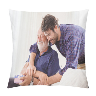 Personality  Young Man Hugs The Uncle Old Man Warmly Inside The House, Son Happy And Love His Father Or Grand Father With Gift Box Concept Pillow Covers