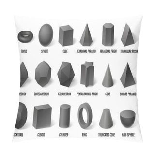 Personality  Realistic 3d Basic Shapes. Sphere Shape With Shadow, Cube Geometry And Prism Model In Perspective Concept Vector Illustration Set Pillow Covers