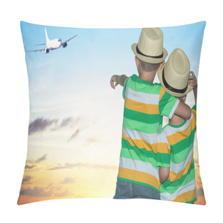 Personality  Two Brothers At The Airport Watching The Plane Taking Off. Pillow Covers