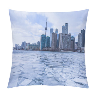 Personality  View Of Toronto City Skyline Form A Boat As It Crosses The Frozen Lake Ontario Pillow Covers