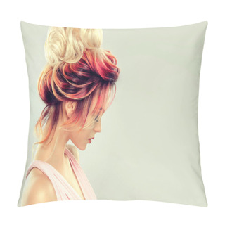 Personality  Beautiful Model Girl With Elegant Multi Colored Hairstyle . Stylish Woman With Fashion Hair Color Highlighting. Creative Red And Pink Roots , Trendy Coloring. Pillow Covers