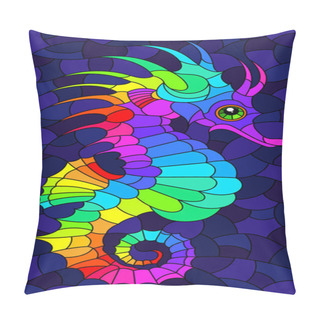 Personality  Stained Glass Illustration With A Bright Rainbow Cartoon Seahorse On A Dark Blue Background, Rectangular Image Pillow Covers